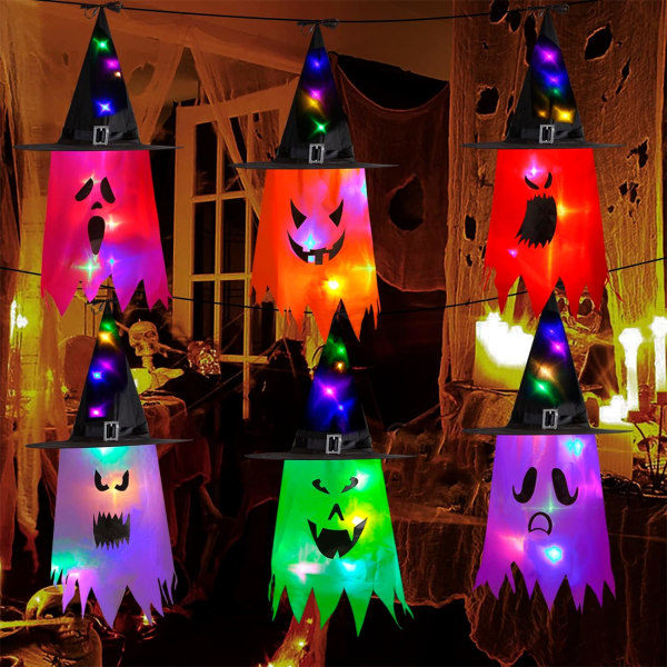 IC Halloween roikkuvat noitahattulampetit, valaisevat noitahatut Hehkuva aavehattu Valaistut ulkokoristeet puutarhapuille 6 kpl