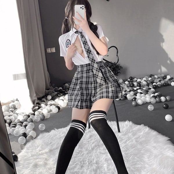 IC Student Flickor Skoluniform Svart Vit Underkläder JK Kostym Plisserad M