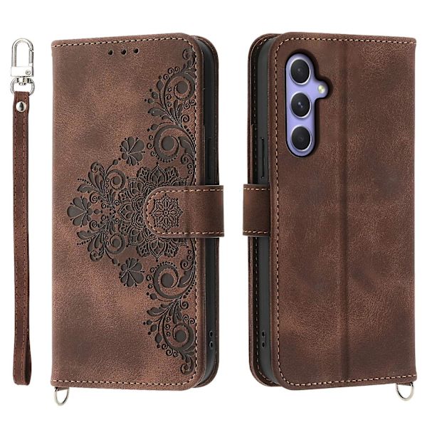 Samsung Galaxy A55 5G -kotelo, crossbody-nahkakuori korttipaikoilla - ruskea