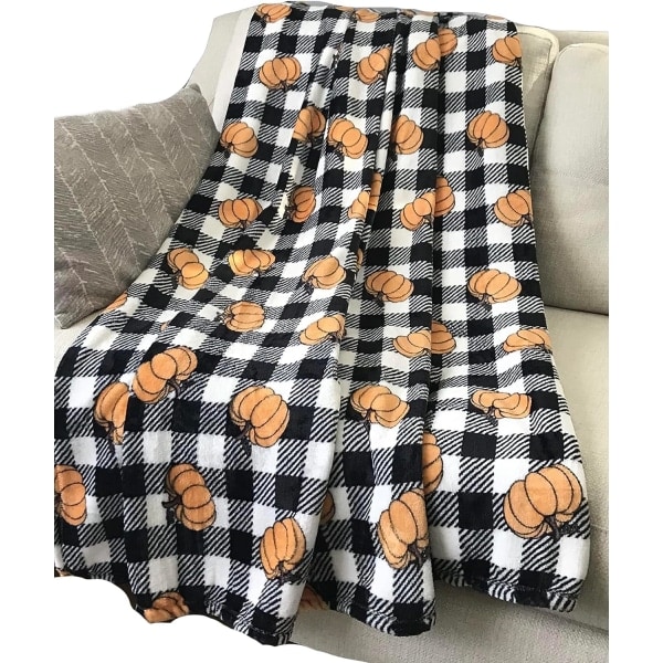 IC Fleecepledd for hjemmeinnredning til Halloween: Svart og hvit gingham-rute med gresskardesign på myk fløyelspledd, størrelse: 60\" x 50\"