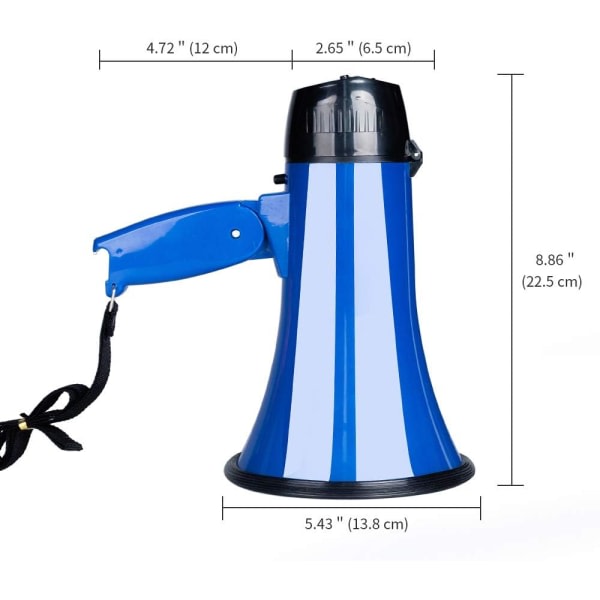 Bärbar megafon bullhorn 25 watt power megafonhögtalare röst och siren/larmlägen (blå)