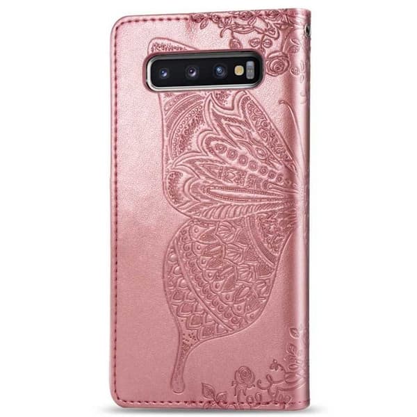 Samsung S10 Wallet Case PU Læder 4-RUMS Motiv Sommerfugl Rosenguld