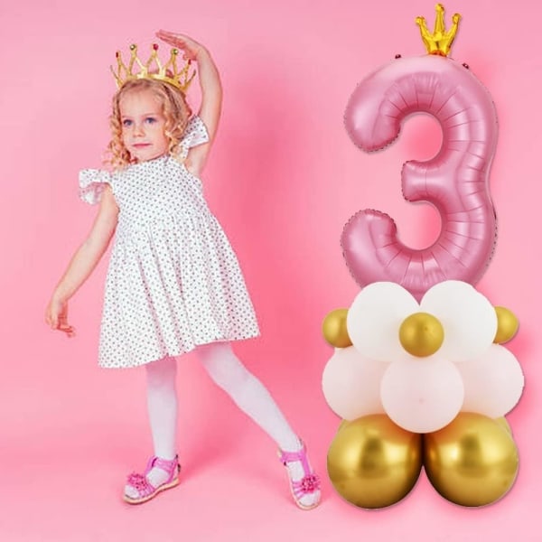 IC Rosa krone nummer 3 ballon, 40'' stort nummer folieballon med latexballoner, 5-års fødselsdag (Rosa 5)