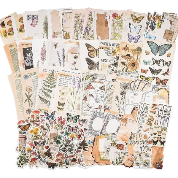 Vintage Scrapbooking Tilbehør Pakke (200 stk) til Scrapbooking Journaling Bullet Journaling Planner Botanisk Papir Sticker Craft Kit Æstetisk