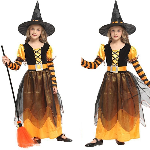 Halloween-kostym för barn, häxa prinsessa med hatt, maskeradhäxa, scenkläder, campusdrama, scenkläder MJ51 L(120-130) yellow