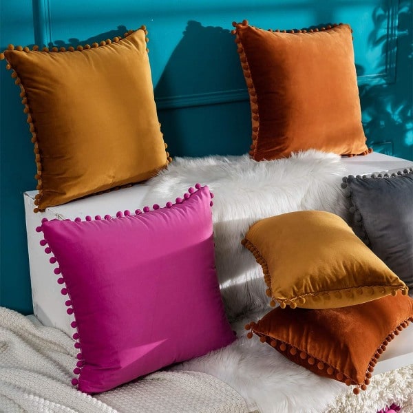 IC Dekorativa Sammet Pom Poms Kuddfodral Set med 2, Mjukt enfärgat överdrag för soffa Sovrum, 45x45 cm, Grå