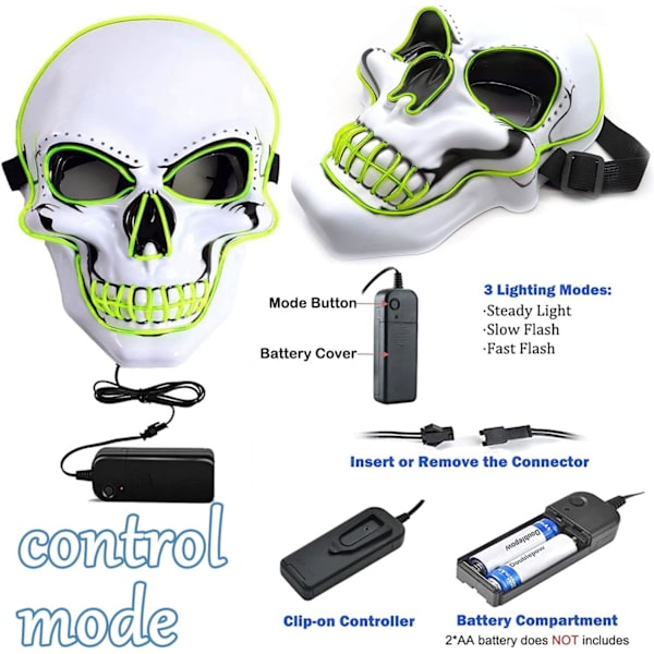 Halloween LED-naamio, LED-luurankonaamio, LED-puhdistusnaamiot, kauhunaamio, halloween-naamio, karnevaaliin, halloweeniin, cosplayhin ja juhliin Green