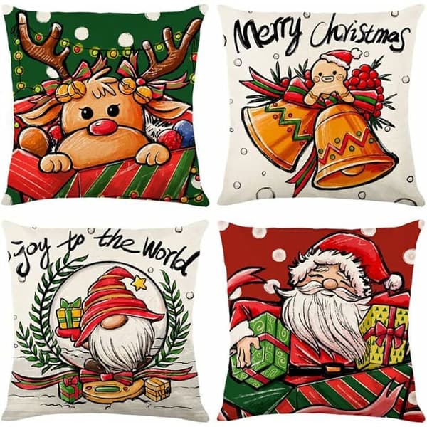 Juleputetrekk 45x45cm, Sett med 4 Juledekorative Sofaputer i Bomull og Lin til Sofaseng Soverom Stol Hage - Julefarge