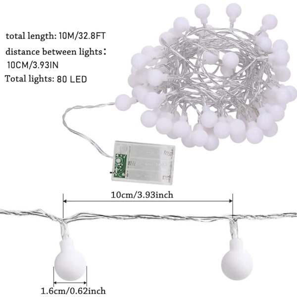 10m Lyskæde Varm Hvid 80 LED Batteridrevet LED Lyskæde, Lyskæde, Julelyskæde, Indendørs og Udendørs Mate's Christmas balls