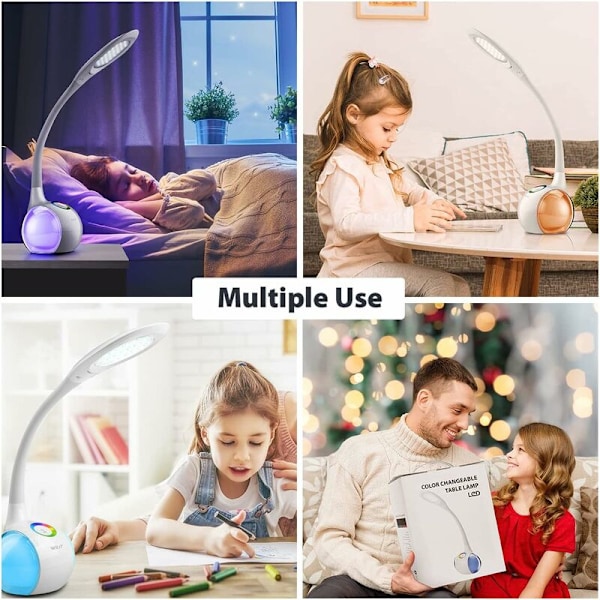 Skrivebordslampe for barn med RGB fargenattlys, dimbar LED-nattbordslampe, berøringskontroll LED-lampe med farget lys og 3 lysstyrkenivåer, hvit