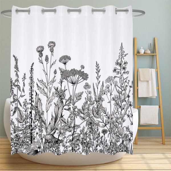 IC Svart og hvit blomstrete dusjforheng Vintage botanisk ringløst dusjforheng Kraftige baderomsgardiner Vanntett 183x183 cm