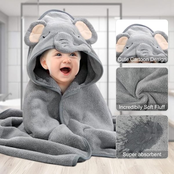 Baby Badhandduk med Huva, Babyhandduk, Unikt Djurmönster, Ultra Mjuk, Absorberande för Pojkar och Flickor, Babypresent Set / Grå