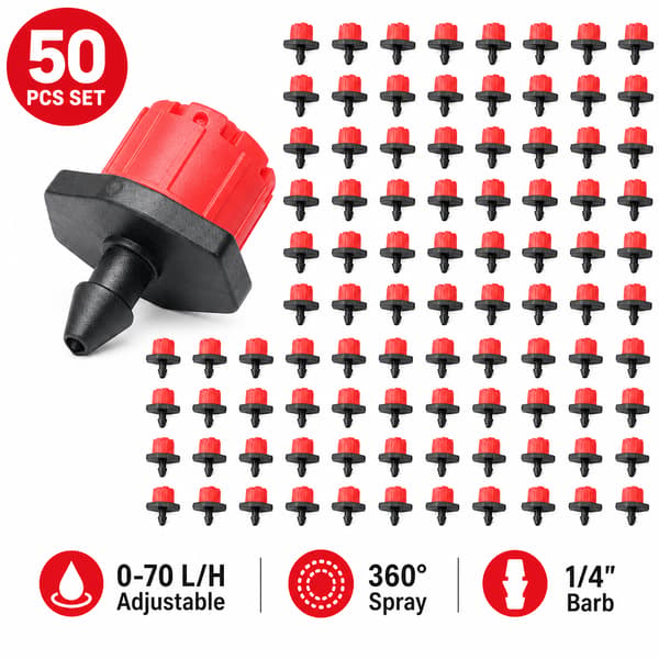 Justerbare vandingsdryppere til havevanding, rød, 50 stk. Adjustable flow dripper (0-70)
