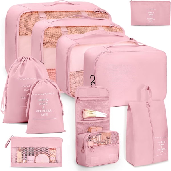 10 matkajärjestäjän, pakkauskuution, matkatavarajärjestäjän ja säilytyspussin setti vaaleanpunainen pink