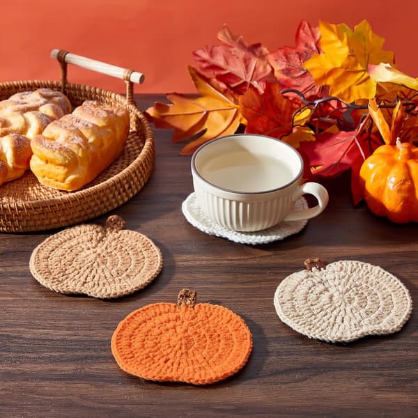 Set med 8 glasunderlägg - pumpamönster, halkfri flätad bomull, värmeisolering - för Thanksgiving, köksbord