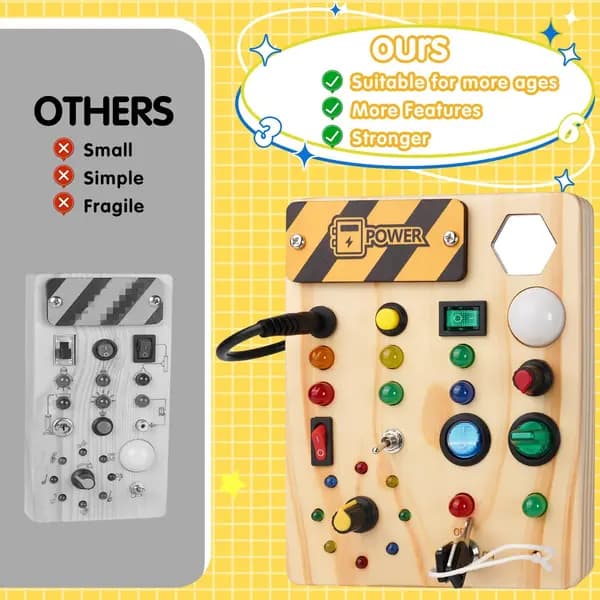 Montessori Aktivitetsbrett med 27 LED-lys og 10 knapper, Sensorisk Treleke for Småbarn 1-6 år, Gave til Gutter og Jenter
