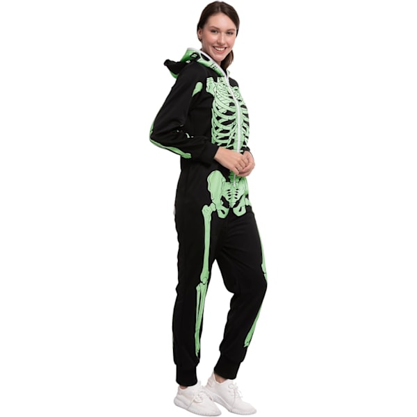 Unisex Skelet Onesie Pyjamas Pludset Skelet Jumpsuit Lynlås Halloween Hoodie Pyjamas til Voksne Natkjole Kostume svart S