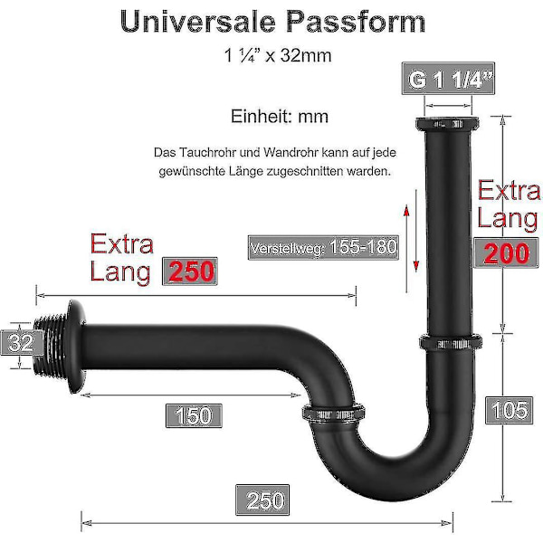Svart matt diskbänksavlopp, universellt mässingsavlopp med extra långt förlängningsrör och väggmonterat, 1 1/4 X 32 mm U-design diskbänk badrumsavlopp