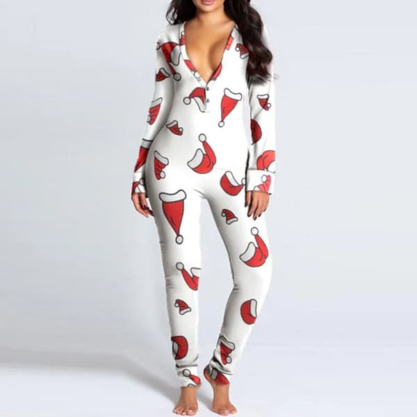 Dam Pyjamas Jumpsuit Heldräkt Tryck Julpyjamas Långärmad Nattkläder Vit White S