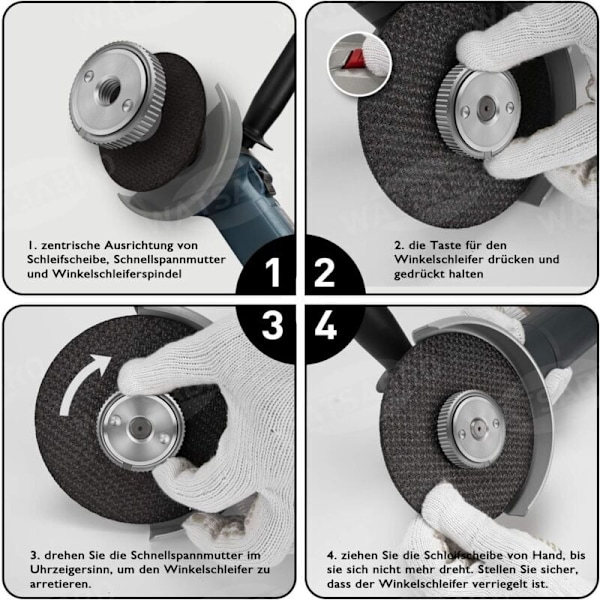 SDS quick-release møtrik Spændeanordning til alle vinkelslibere med M14 gevind fra AEG, Black & Decker, Dewalt, Flex, Hitachi, Metabo, Makita..DEBUNS