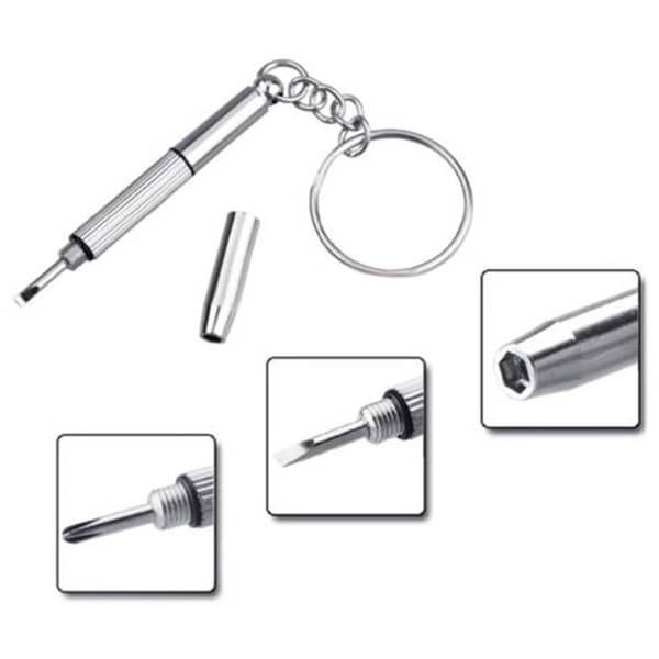 Mini Brilleskrutrekker 3-i-1 Flat Phillips og Sekskantmutterverktøy for Briller og Elektronikk Sølv 58mm