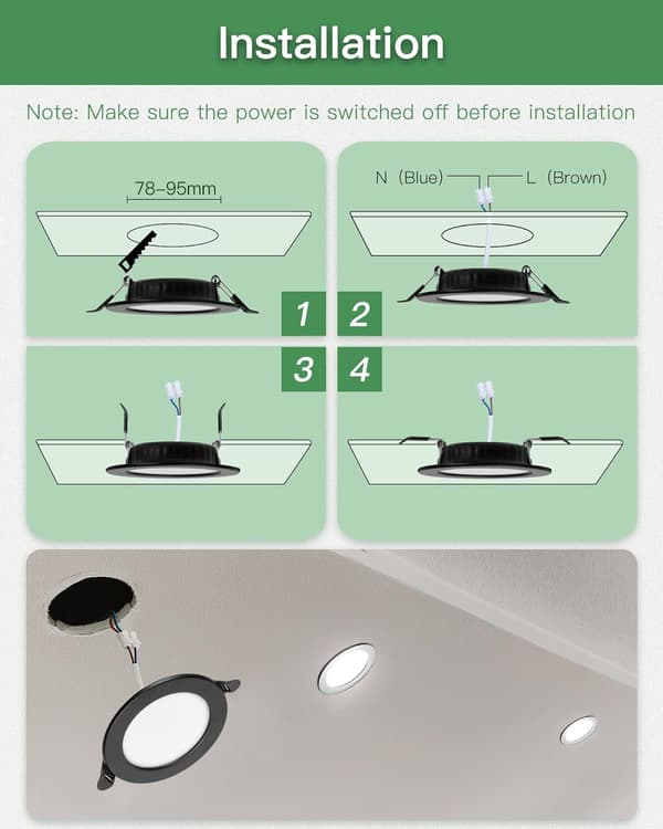 Ultratanke LED indbyggede spots 230V, Sæt med 6 indbyggede spots 7W Energibesparende loftspots IP44 indbyggede spots, Sort, 6000K