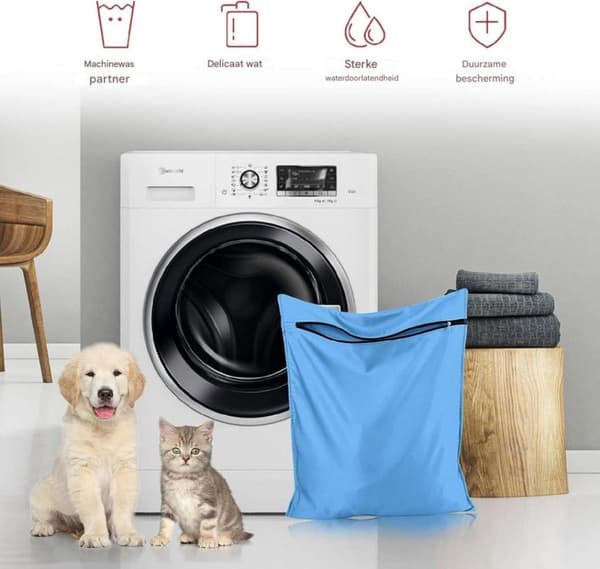 Vaskepose til kæledyrstøj, lynlåspose i twillpolyester hjælper med at forhindre tilstopning af dyrehår, til hunde- og kattesenge, blå, stor 70 x 80 cm