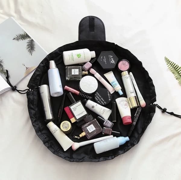 Mørkegrå make-up- og toilettaske med snoretræk, bærbar kosmetikopbevaring