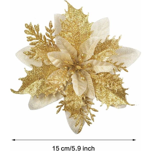 12 stk. Glitter Juleblomster (15cm) med 12 stk. Kunstig Julestjerne til Juletre (Gull)