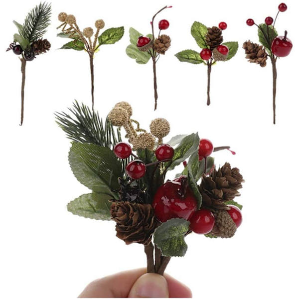 Konstgjorda Tallkvistar, 30 st Julröda Bär Tallkottar Stjälkar, Mini Stimulerande Röda Bärgrenar för Julblomsterarrangemang