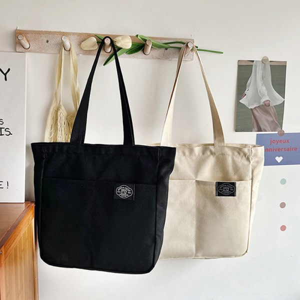 Kvinnors Canvas Tote Bag Dam Casual Handväska Axelväska Vit