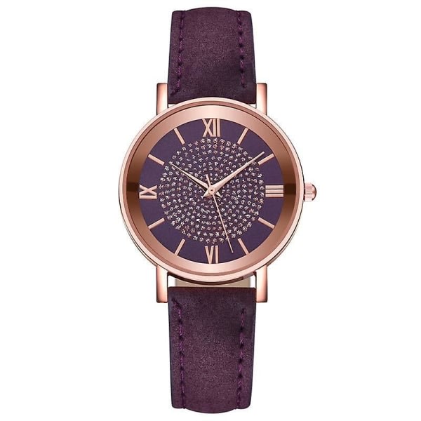 Starry Sky Dial Fashion Roman Scale Rhinestone Läder Dam Quartz Watch Purple Color