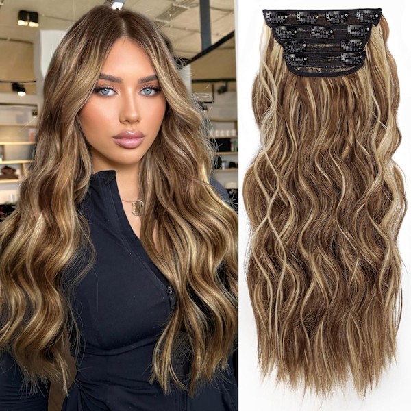 Clip in Synthetic Hair Extensions Long Wavy 4PCS Honey Blonde Mixed Light Fiber Double Weft Natural Hair Extensions 20 Inch for Women