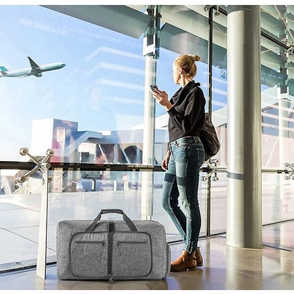 Hopfällbar Resväska 65L Med Skofack Rivtålig Polyester För Gym Helgresor Och Flygplan Handbagage Grå