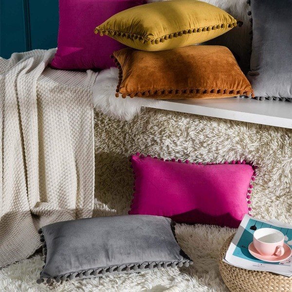 IC Dekorativa Sammet Pom Poms Kuddfodral Set med 2, Mjukt enfärgat överdrag för soffa Sovrum, 45x45 cm, Grå