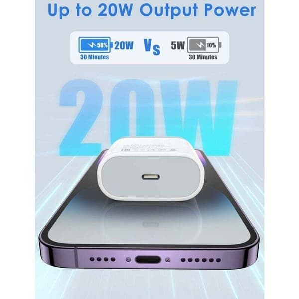 20W Rask USB C Lader - med 1M Datakabel, Strømadapterplugg - Hurtiglading - for iPhone 14 13 12 Pro Max/Plus/11/X/XS/XR/8/SE/iPad