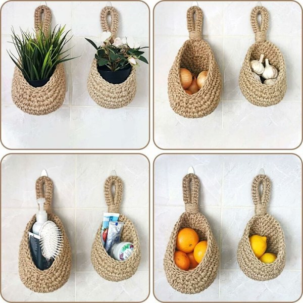 Väggmonterad frukt- och grönsakskorg, Handvävd Jute Dropformad Frukt- eller Grönsakskorg, Kök Hängande Förvaringskorg (H14cm, B