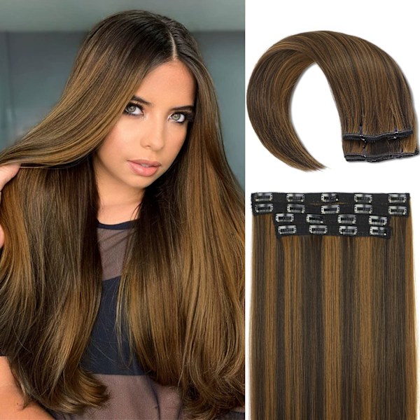 Rett hår extensions Clip in Lang syntetisk hår extensions 20 tommer tykke hårstykker for kvinner (20 tommer, ST-mørk brun blanding kastanje blond)