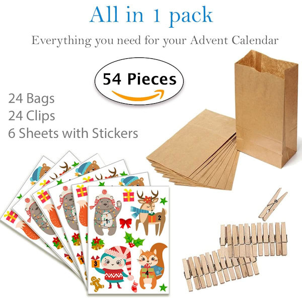 Tom Advent-kalender til at fylde, 24 Kraft-papirposer med klistermærke til julepynt 1