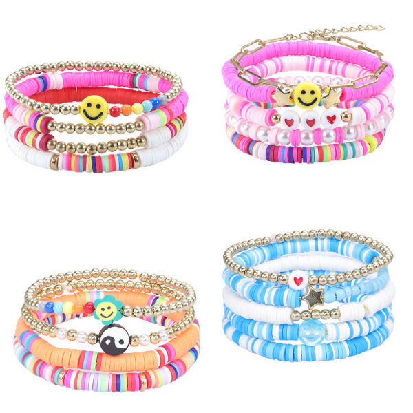 IC 1 Set Bohemiskt Armband av Polymerlera Elastiskt Färgglatt Armband A10