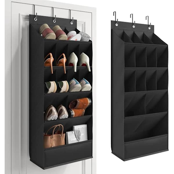 Over-the-Door Shoe Organizer - 15 Pockets for Wardrobe & Wall with 3 Hooks black black