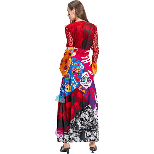 Halloween Dødedagskostume til kvinder lang kjole skelet trykt flot kjole kvinde outfit L