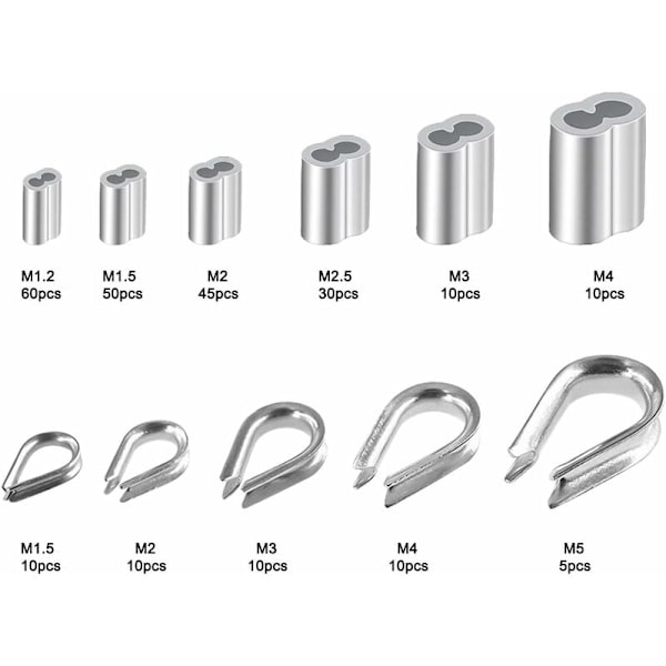 250 stk. 6 Størrelser Aluminium Wire Tau Kauser Sortiment - Doble Hylser & 5 Størrelse Kauser for Wire Tau