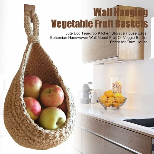 Väggmonterad frukt- och grönsakskorg, Handvävd Jute Dropformad Frukt- eller Grönsakskorg, Kök Hängande Förvaringskorg (H14cm, B