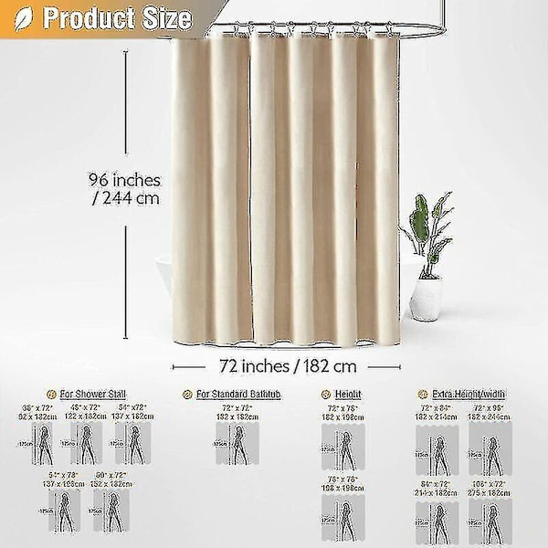 180 X 240cm Ekstra Langt Stof Bruseforhæng, Linned Tekstureret Heavy Duty Stof Bruseforhæng Sæt Med 12 Plastik Kroge, Stort Hotel Luksus Polyester
