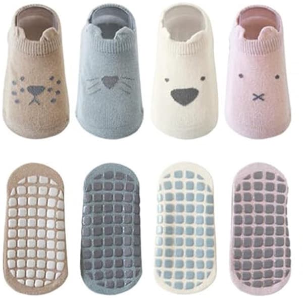 4 par babysockor - Halkfria, bomull, tecknat mönster, varma - för åldrarna 1-3 år - Storlek M