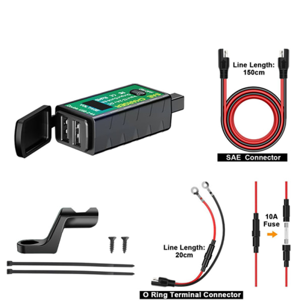 Vattentät USB laddare för motorcykel, SAE till USB -adapter med switch och LED voltmeter, för telefoner, iPad, GPS 12V/24V Lefou