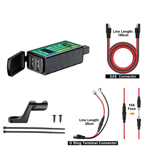 Vattentät USB-laddare för motorcykel, SAE till USB-adapter med switch och LED-voltmeter, för telefoner, iPad, GPS 12V/24V Lefou