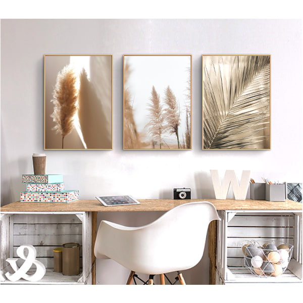 Set med 3 premiumaffischer, beige pampasgräsaffischer, modern väggdekoration, vintage , vardagsrum, sovrum, oinramad, (30 x 40 cm)