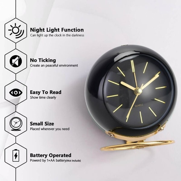 Retro Analog Väckarklocka Utan Tickande med Nattlampa, Tyst, Batteridriven, Lätt att Använda och Högt Alarm
